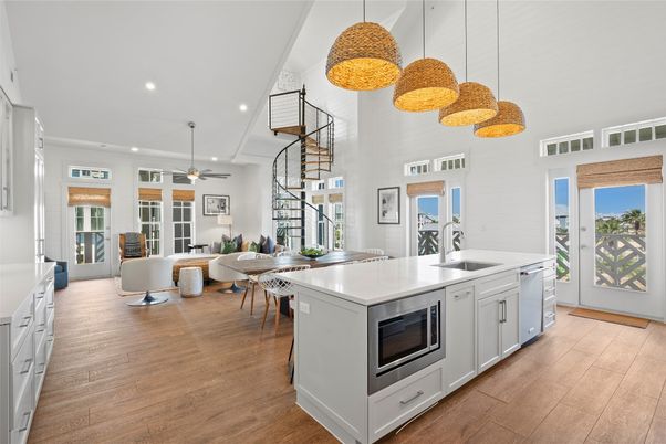 Dining room, Interior, Kitchen, Living room, Pendant Lights, Recessed Lighting, Stainless Steel Appliances, Wood Texture Flooring