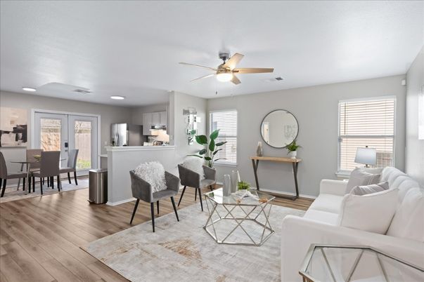 Dining room, Interior, Kitchen, Living room, Recessed Lighting, Wood Texture Flooring