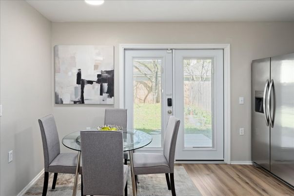 Dining room, Interior, Recessed Lighting, Stainless Steel Appliances, Wood Texture Flooring