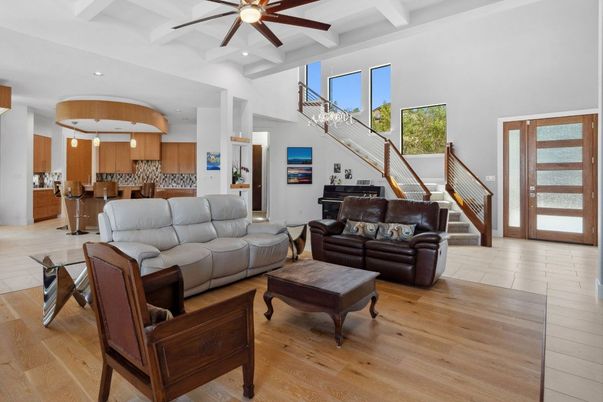 Interior, Kitchen, Living room, Piano, Recessed Lighting, Wood Texture Flooring
