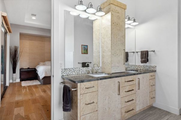 Bathroom, Bedroom, Dual Sink Vanities, Interior, Recessed Lighting, Wood Texture Flooring