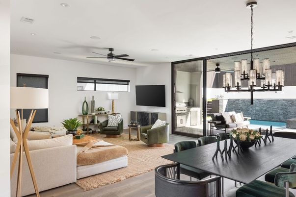 Dining room, Fireplace, Interior, Living room, Pendant Lights, Recessed Lighting, Wood Texture Flooring