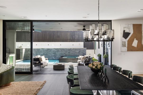 Dining room, Interior, Pendant Lights, Pool, Recessed Lighting, Wood Texture Flooring