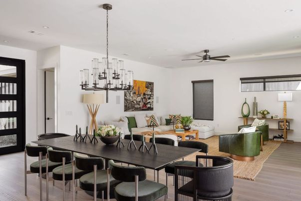 Dining room, Interior, Living room, Pendant Lights, Recessed Lighting, Wood Texture Flooring