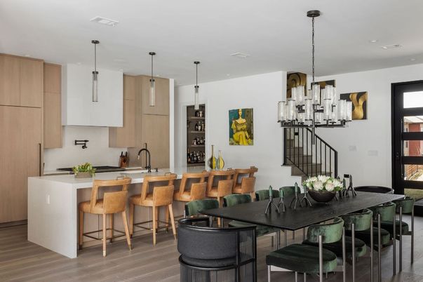 Dining room, Interior, Kitchen, Pendant Lights, Recessed Lighting, Wood Texture Flooring