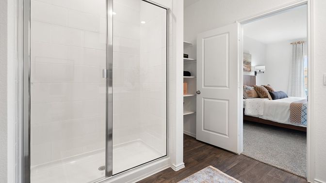 Bathroom, Bedroom, Glass Shower, Interior, Wood Texture Flooring