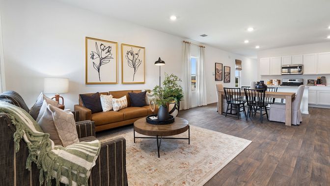 Dining room, Interior, Kitchen, Living room, Recessed Lighting, Stainless Steel Appliances, Wood Texture Flooring