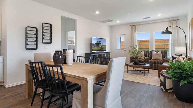 Dining room, Interior, Living room, Recessed Lighting, Wood Texture Flooring