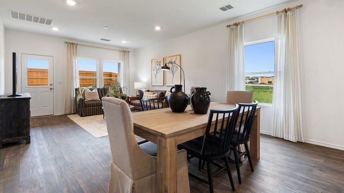 Dining room, Interior, Living room, Recessed Lighting, Wood Texture Flooring