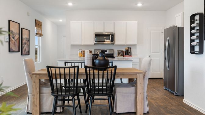 Dining room, Interior, Kitchen, Recessed Lighting, Wood Texture Flooring