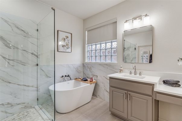 Bathroom, Free Standing Baths, Glass Shower, Interior, Marble Walls