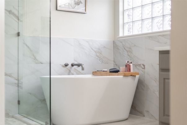 Bathroom, Free Standing Baths, Glass Shower, Interior, Marble Walls
