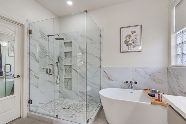 Bathroom, Free Standing Baths, Glass Shower, Interior, Marble Walls, Recessed Lighting