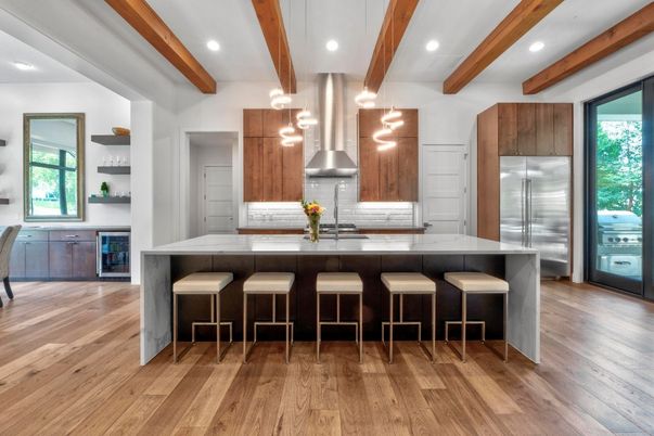Interior, Kitchen, Recessed Lighting, Stainless Steel Appliances, Wooden Beams, Wood Texture Flooring