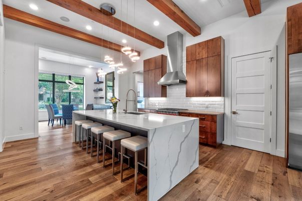 Dining room, Interior, Kitchen, Pendant Lights, Recessed Lighting, Stainless Steel Appliances, Wooden Beams, Wood Texture Flooring
