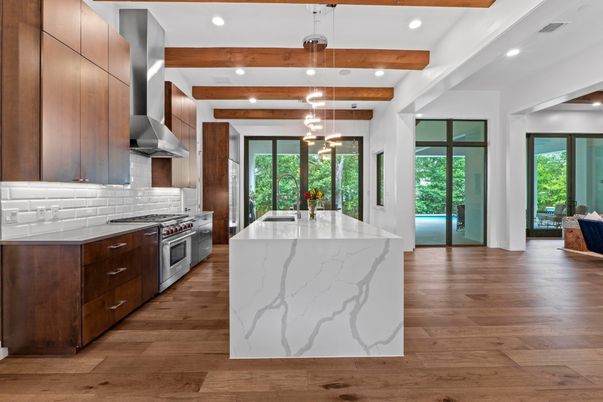 Interior, Kitchen, Pendant Lights, Recessed Lighting, Stainless Steel Appliances, Wooden Beams, Wood Texture Flooring