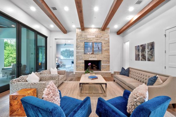 Fireplace, Interior, Living room, Recessed Lighting, Stone Walls, Wooden Beams, Wood Texture Flooring
