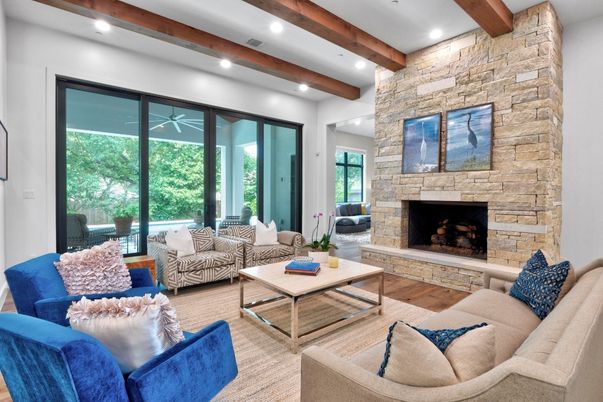 Fireplace, Interior, Living room, Recessed Lighting, Stone Walls, Wooden Beams, Wood Texture Flooring
