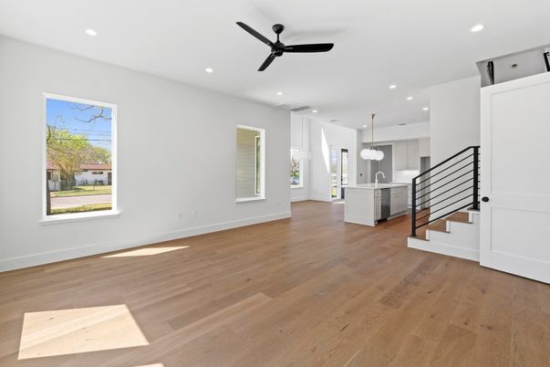 Empty room, Interior, Kitchen, Pendant Lights, Recessed Lighting, Wood Texture Flooring