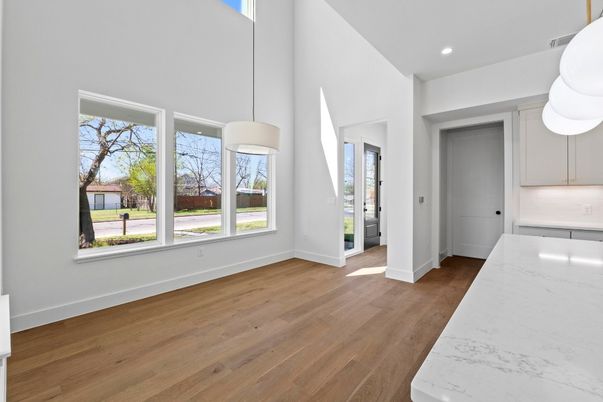 Empty room, Interior, Pendant Lights, Recessed Lighting, Wood Texture Flooring