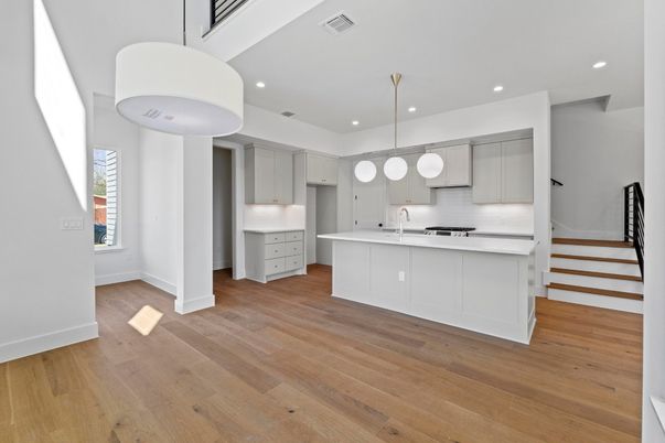 Interior, Kitchen, Pendant Lights, Recessed Lighting, Stainless Steel Appliances, Wood Texture Flooring