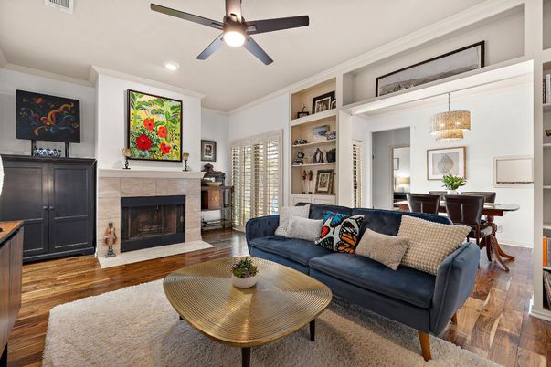 Dining room, Fireplace, Interior, Living room, Pendant Lights, Recessed Lighting, Wood Texture Flooring