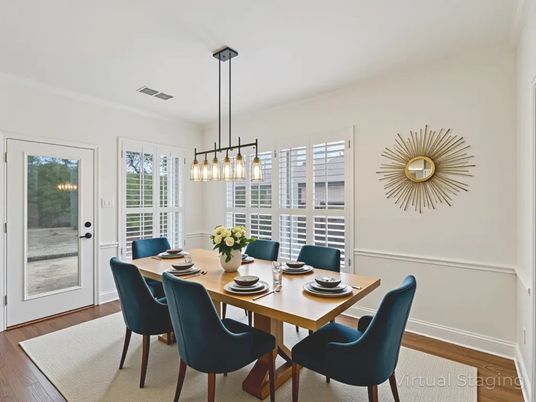 Dining room, Interior, Pendant Lights, Wood Texture Flooring
