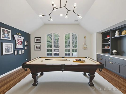 Billiard Table, Game Room, Interior, Pendant Lights, Wood Texture Flooring