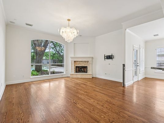 Chandelier, Empty room, Fireplace, Interior, Wood Texture Flooring