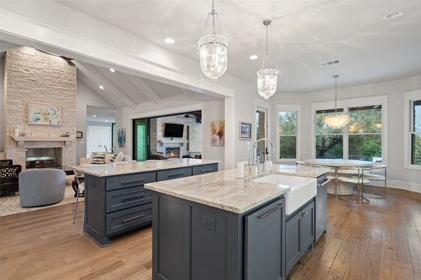 Dining room, Fireplace, Interior, Kitchen, Living room, Pendant Lights, Recessed Lighting, Stone Walls, Wood Texture Flooring