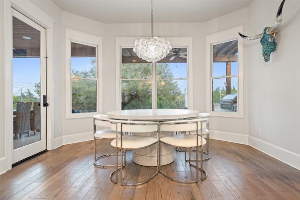 Dining room, Interior, Pendant Lights, Wood Texture Flooring
