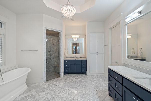 Bathroom, Chandelier, Dual Sink Vanities, Free Standing Baths, Glass Shower, Interior, Marble
