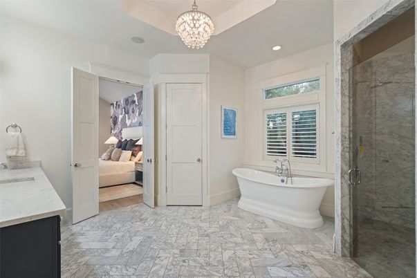 Bathroom, Bedroom, Chandelier, Free Standing Baths, Glass Shower, Interior, Marble, Marble Walls, Recessed Lighting