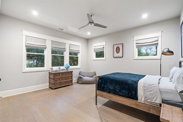 Bedroom, Interior, Recessed Lighting, Wood Texture Flooring