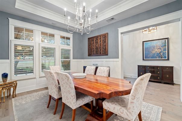 Chandelier, Dining room, Interior, Wood Texture Flooring