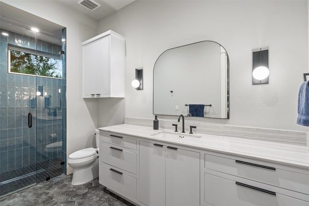 Bathroom, Glass Shower, Interior, Recessed Lighting