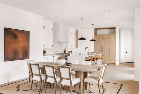 Dining room, Interior, Kitchen, Pendant Lights, Recessed Lighting, Wood Texture Flooring