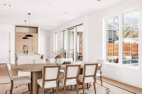Dining room, Interior, Kitchen, Pendant Lights, Recessed Lighting, Wood Texture Flooring