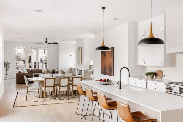 Dining room, Interior, Kitchen, Living room, Pendant Lights, Recessed Lighting, Stainless Steel Appliances, Wood Texture Flooring