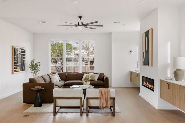 Fireplace, Interior, Living room, Recessed Lighting, Wood Texture Flooring