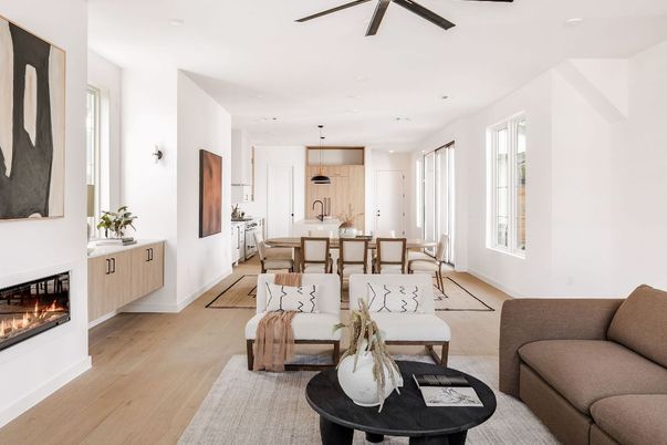 Dining room, Fireplace, Interior, Kitchen, Living room, Pendant Lights, Recessed Lighting, Wood Texture Flooring