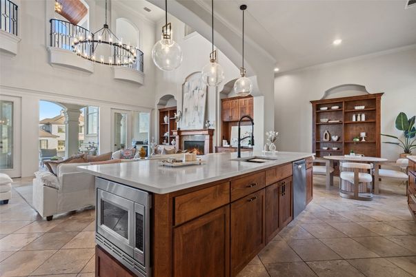 Dining room, Fireplace, Interior, Kitchen, Living room, Pendant Lights, Recessed Lighting, Stainless Steel Appliances