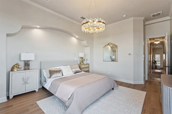 Bedroom, Chandelier, Interior, Recessed Lighting, Wood Texture Flooring