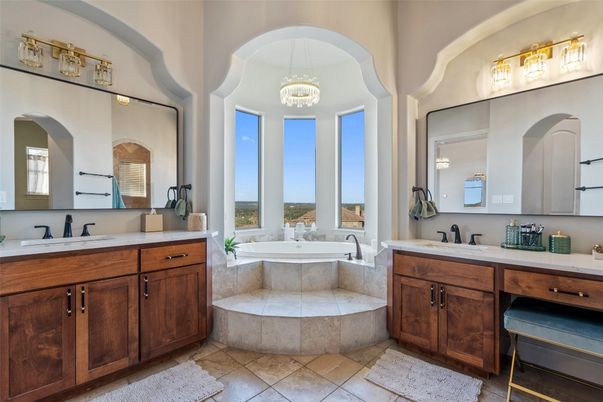 Bathroom, Chandelier, Dual Sink Vanities, Interior, Pendant Lights