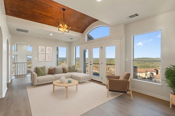 Interior, Living room, Pendant Lights, Recessed Lighting, Wooden Ceilings, Wood Texture Flooring