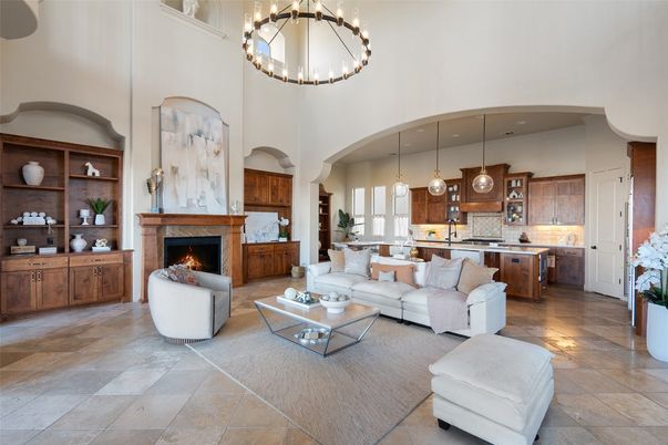 Fireplace, Interior, Kitchen, Living room, Pendant Lights