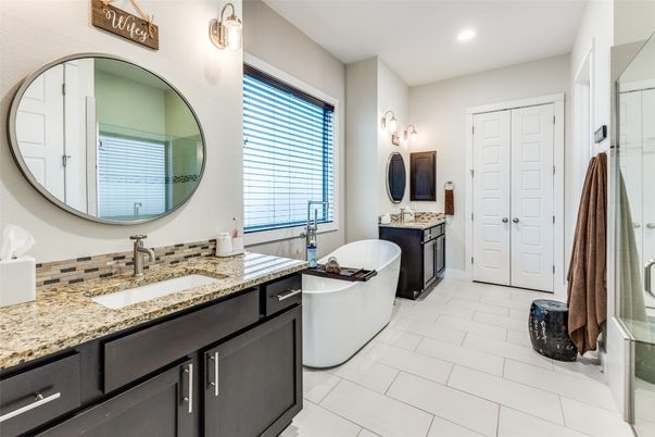 Bathroom, Dual Sink Vanities, Free Standing Baths, Interior, Recessed Lighting