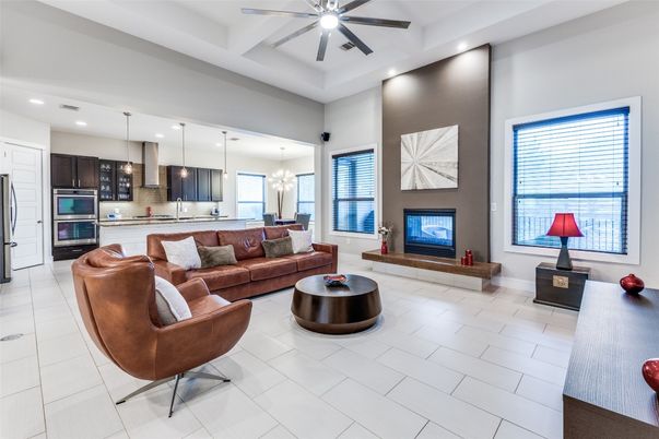 Fireplace, Interior, Kitchen, Living room, Pendant Lights, Recessed Lighting, Stainless Steel Appliances