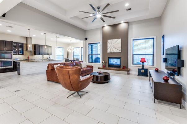 Fireplace, Interior, Kitchen, Living room, Pendant Lights, Recessed Lighting, Stainless Steel Appliances