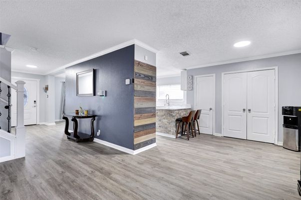 Interior, Recessed Lighting, Wood Texture Flooring, Wooden Walls